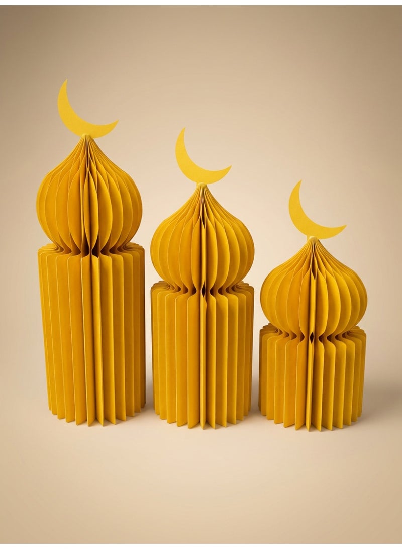Tanseeq مجموعة من 3 قطع من مركزيات المسجد بتصميم خلية النحل الذهبية لديكور رمضان الأنيق لاحتفالات عيد مبارك لوازم الحفلات زينة طاولة المسجد - Image 1